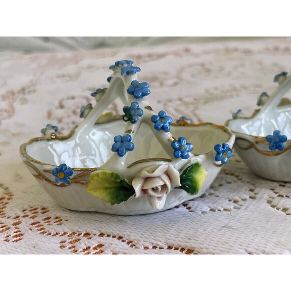 Antique 2 Porcelain Rose & Forget Me Nots Trinket Basket Elfinware Floral German - Picture 9 of 15